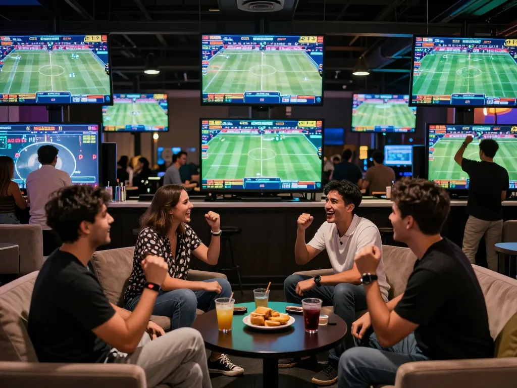 Engaged bettors placing wagers on v788 bet in a lively sports betting lounge.