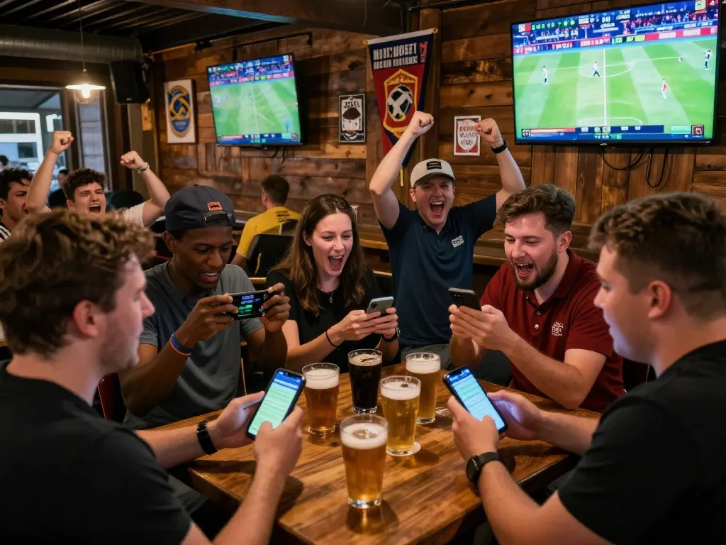 Fans analyzing tỷ lệ kèo trực tuyến on mobile devices during live sports betting