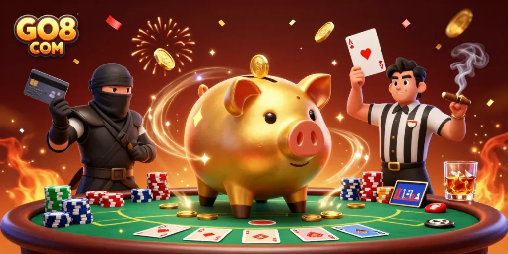 Experience vibrant gaming action at GO8 COM with a lively 3D casino scene showing intense competition.
