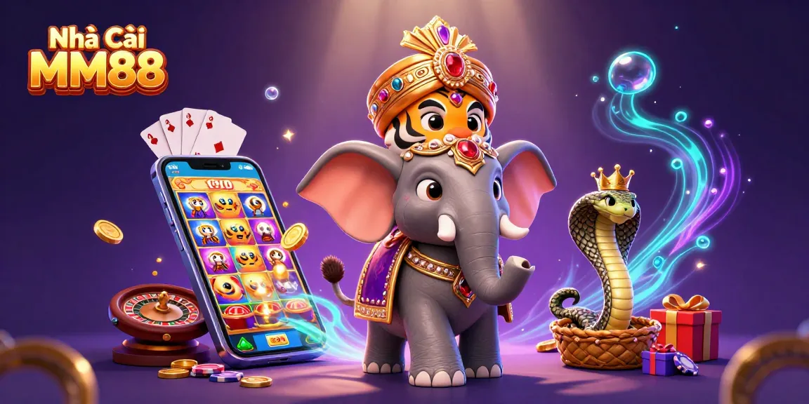 Experience excitement with Nhà Cái MM88 as the vibrant tiger and elephant symbolize fortune in a lively casino setting.