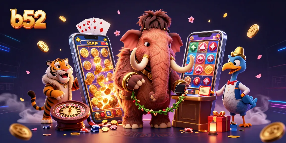 Play at b52 with a vibrant scene of a woolly mammoth casino bouncer welcoming players to exciting casino games.