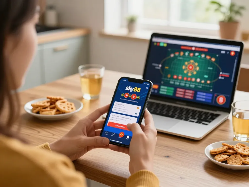 Engaging in responsible gaming with Sky88 chính thức app on smartphone at home.