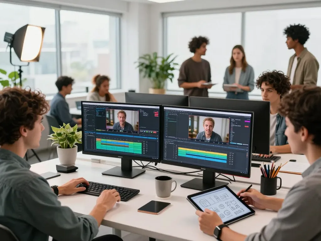 Creators using Seedance AI in a modern video production studio for innovative storytelling.