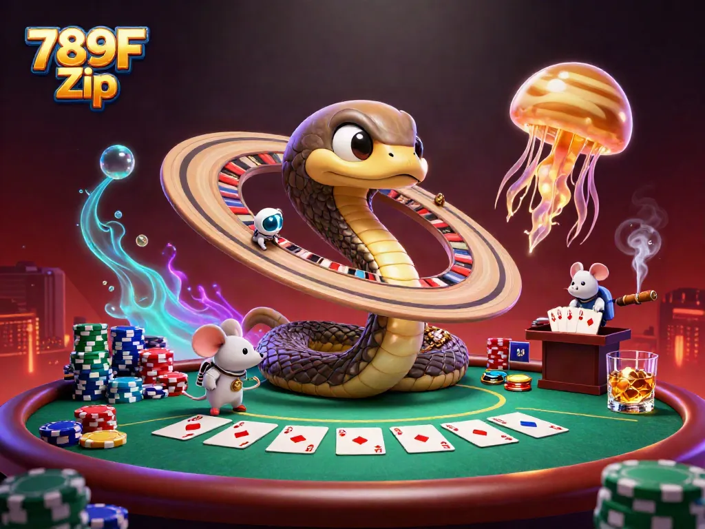 Experience the excitement of 789F Zip with cartoon characters in a dynamic casino scene, placing bets and interacting.