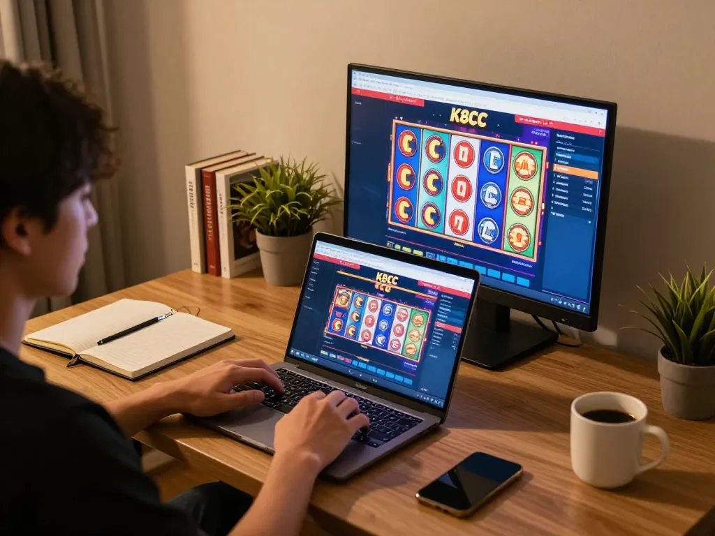 K8CC online gambling experience, player engaged with colorful slot game interface on laptop