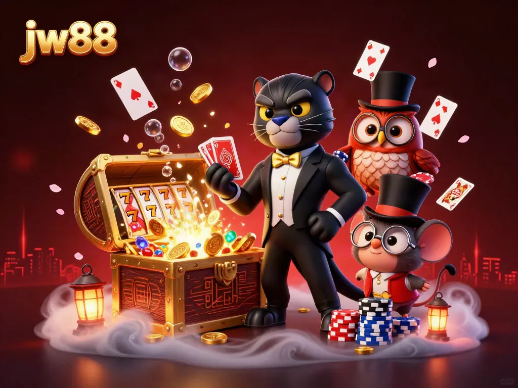 Experience thrilling action with jw88 featuring a stylish black panther dealing cards amidst gold coins and vibrant slot reels.