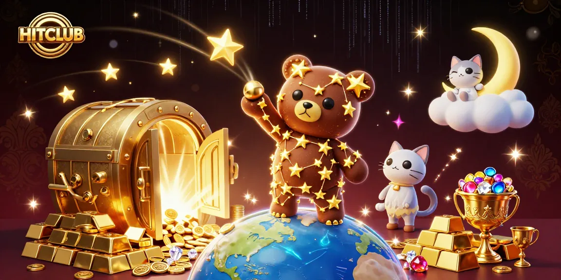 Engage with the magical HITCLUB universe featuring golden treasures and whimsical characters.
