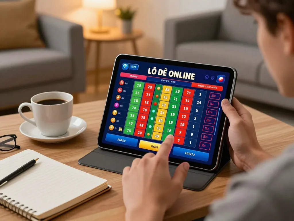 Lô Đề Online gameplay on a tablet in a cozy home setting, focusing on strategic betting practices.
