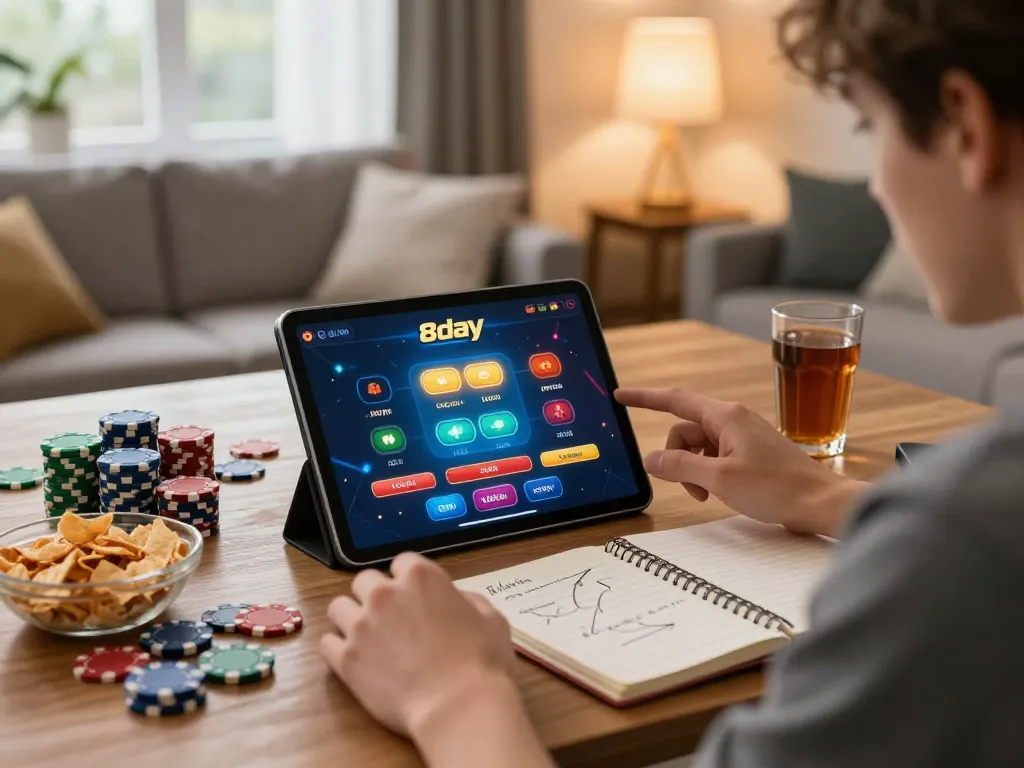 Gamer engaged in 8day casino app on a tablet in cozy home environment, focused on strategy and excitement.