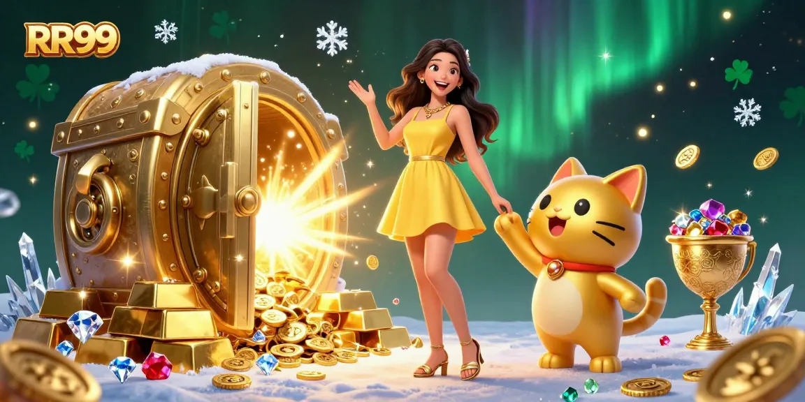 RR99 bringing luck with a joyful Asian woman interacting with a golden cat amidst treasures and sparkles.