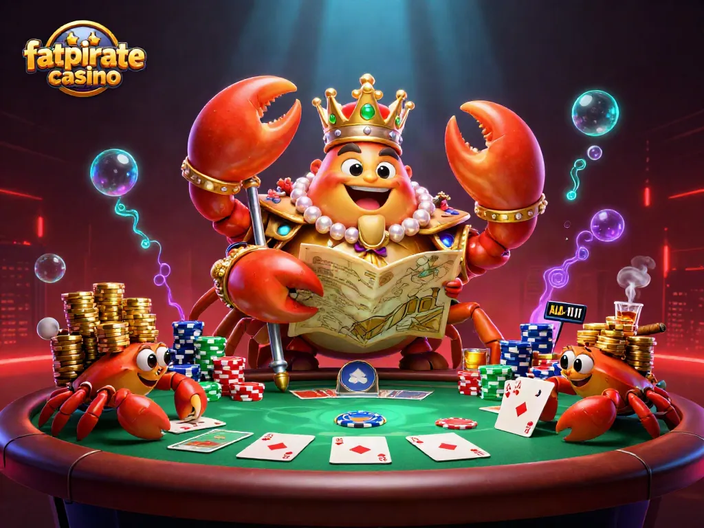 Experience the excitement of fatpirate casino with a golden crab emperor overseeing poker adventures.