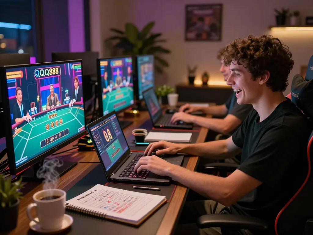 Engaging with QQ88 live dealer games in a cozy online gaming setup, showing strategies in action.