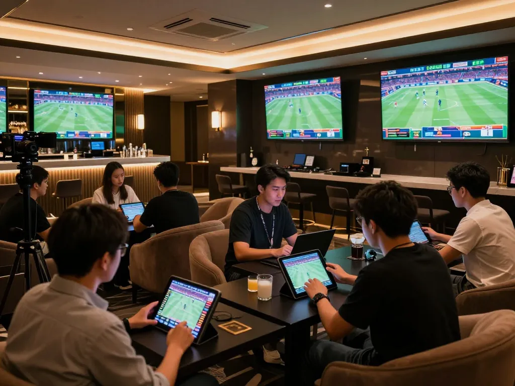 Kèo nhà cái 5 action in a high-end sports betting lounge with enthusiastic bettors analyzing odds