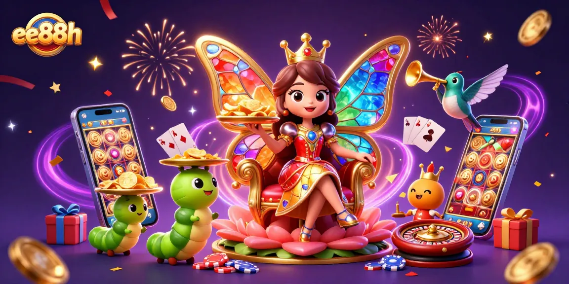 Play dynamic games on ee88h with the butterfly queen amidst vibrant casino elements.