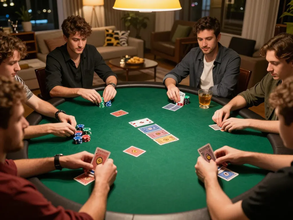 Players engage in strategic hands during a high-stakes poker night at home, showcasing sc88bn excitement
