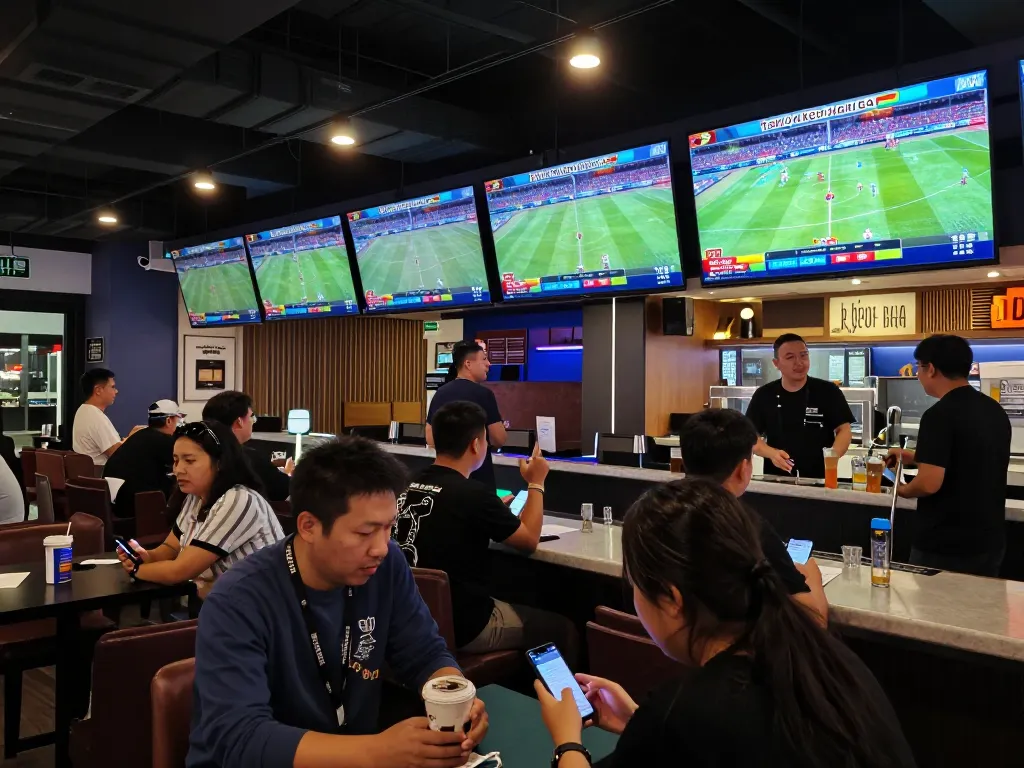 Tỷ Lệ Kèo Nhà Cái displayed on screens while bettors analyze their bets in a lively sports betting environment