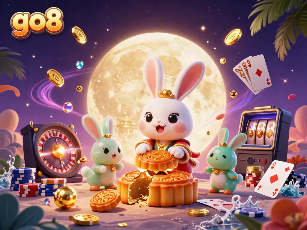 Experience the excitement of go8 with a vibrant moon rabbit scene featuring casino elements.