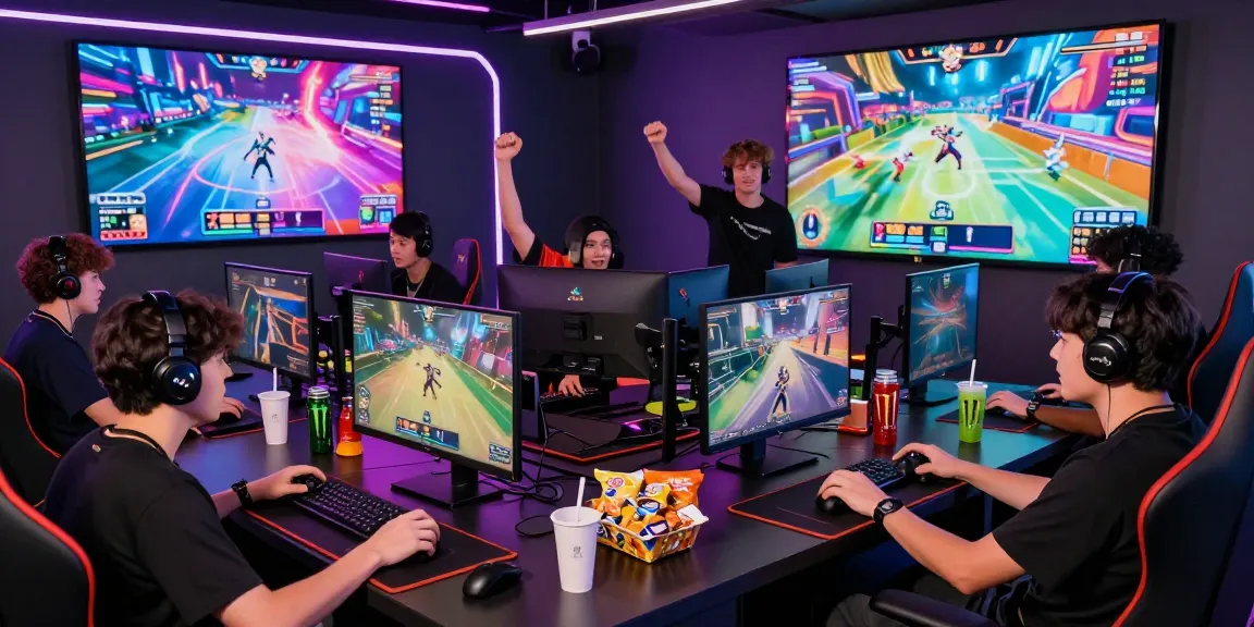 Dynamic gaming atmosphere at hello88ke.com with players engaged in esports competition surrounded by vibrant visuals.