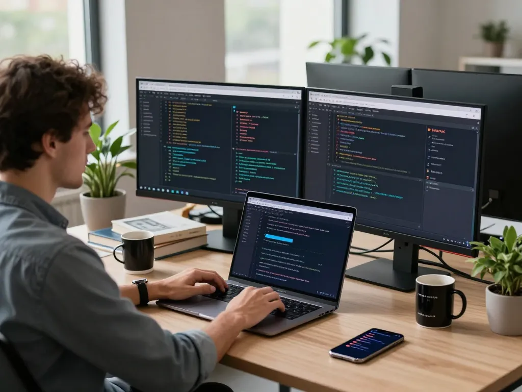 Developer enhancing productivity with moltbot ai on dual monitors in modern office.