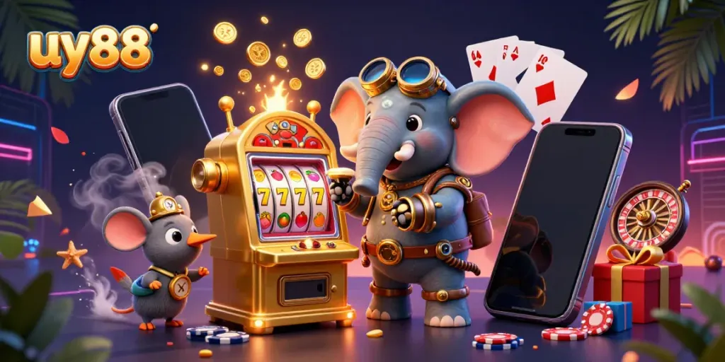 Engage with uy88’s action-packed slot machine scene featuring a steampunk elephant engineer.