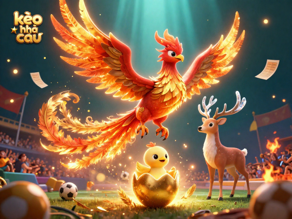Engage in kèo nhà cái with dynamic sports elements featuring a phoenix and stag in an energetic betting scene.