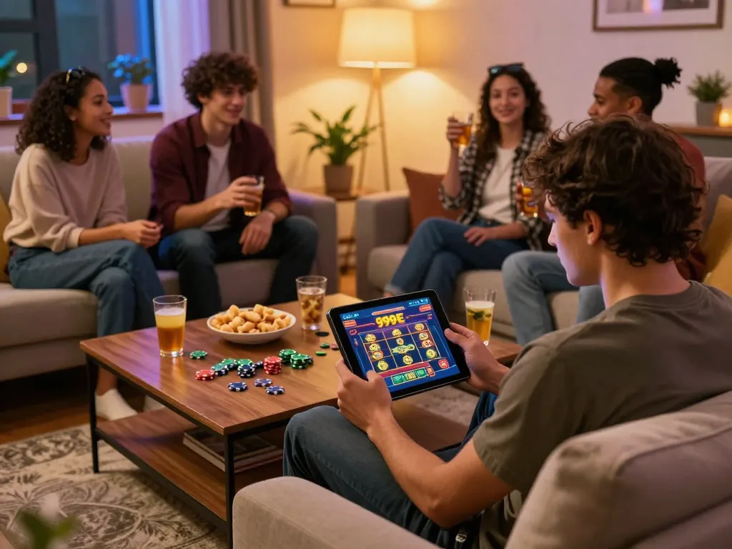 Players enjoying thrilling games on the 999E casino app in a cozy living room setup.
