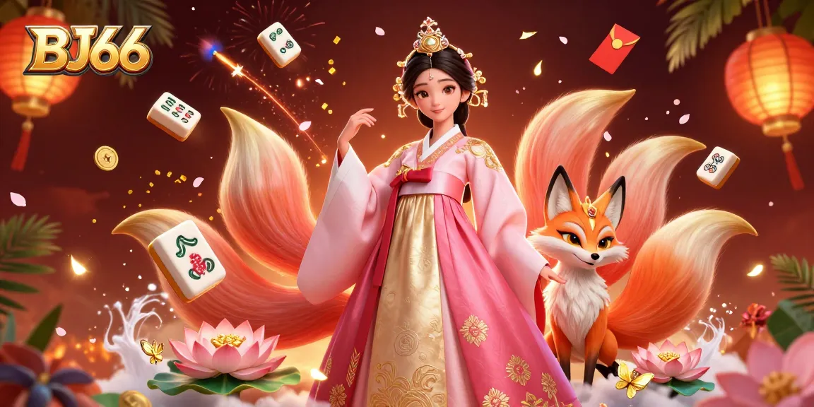 BJ66 showcases a vibrant scene of an elegant Asian woman, lucky fox, and gambling elements celebrating online gaming.