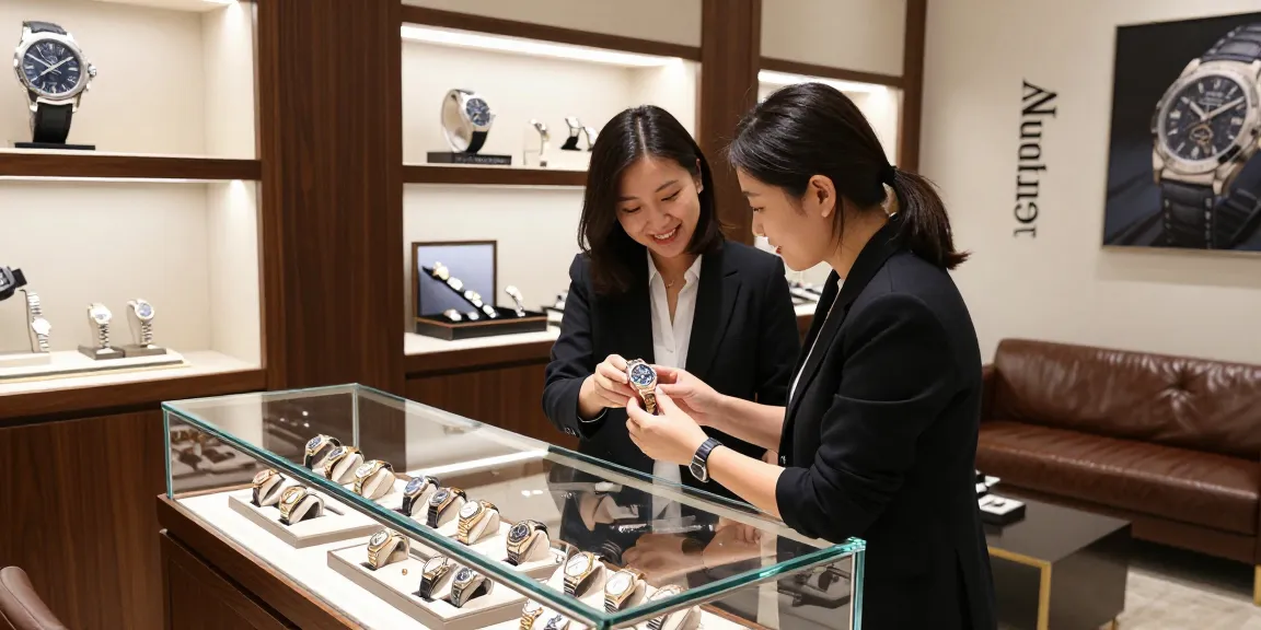 Replica watch showcased in an upscale boutique with a customer examining intricate details and luxury ambiance.