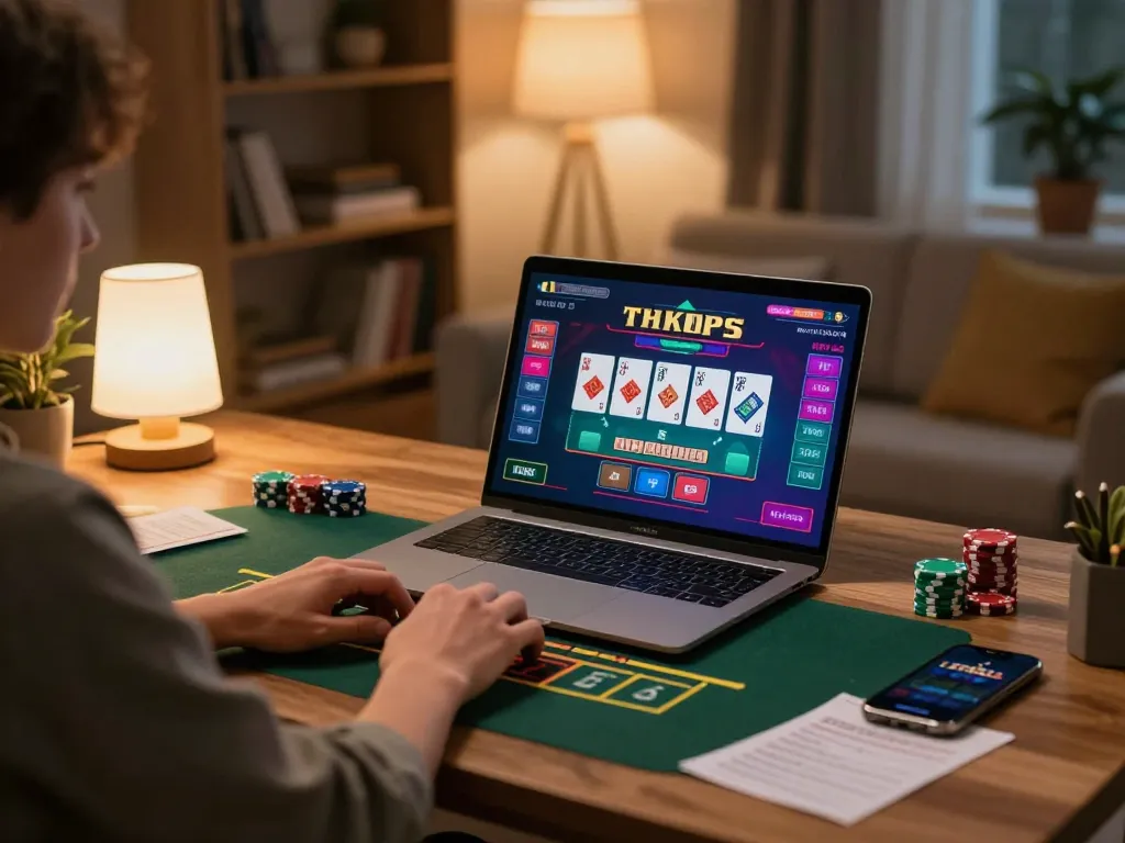 Engaging online casino gameplay with a user analyzing live dealer blackjack on laptop, nhacaiuytinn focused on strategic betting.