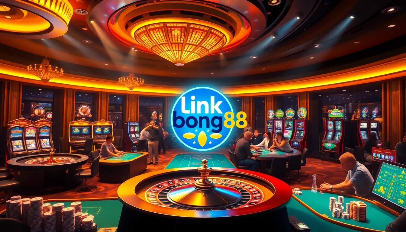 Players experiencing the thrill of gambling at link bong88 casino with poker chips and roulette wheel.
