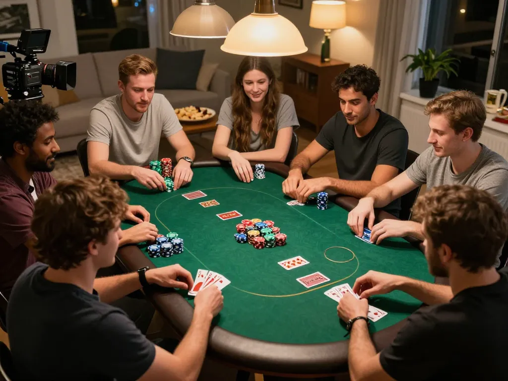 Friends engaging in a fun poker night at home, showcasing strategic gameplay with alc88 branding visible.
