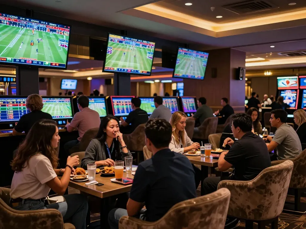 Engaging scene at 78winvina's sports betting lounge with patrons discussing game strategies.