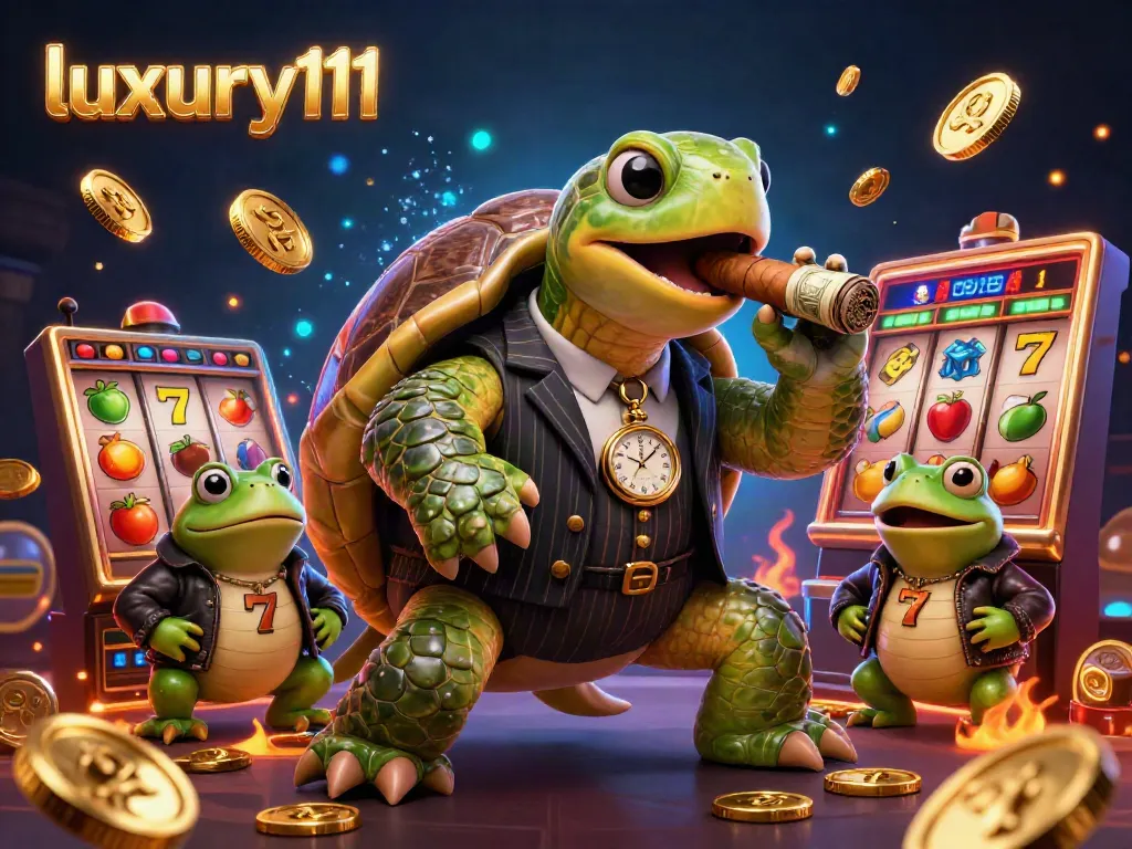 Spin the reels at luxury111 with a vivid casino scene featuring a snapping turtle and slot elements.