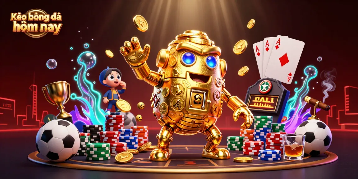 Kèo bóng đá hôm nay: Engage with sports betting excitement around a golden golem surrounded by dynamic gaming elements.