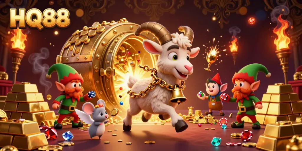 Engage in thrilling gameplay at HQ88 with a festive casino scene showcasing lively characters stealing poker chips.