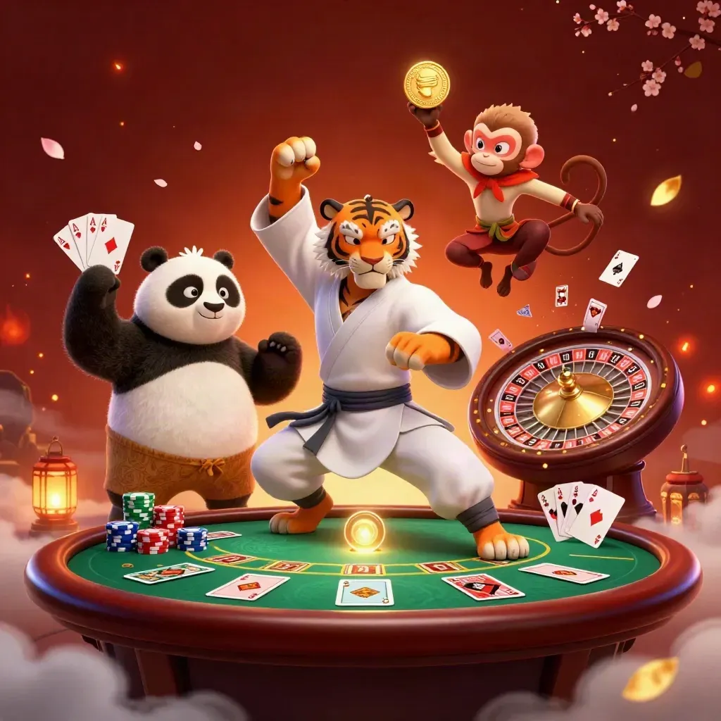Kung-fu tiger, panda, and monkey amid casino props, glowing petals, embers, and luxury gold light