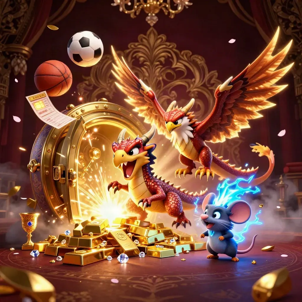 Thunder dragon, wind hawk, and static mouse amid casino treasure, sports gear, and golden sparks.