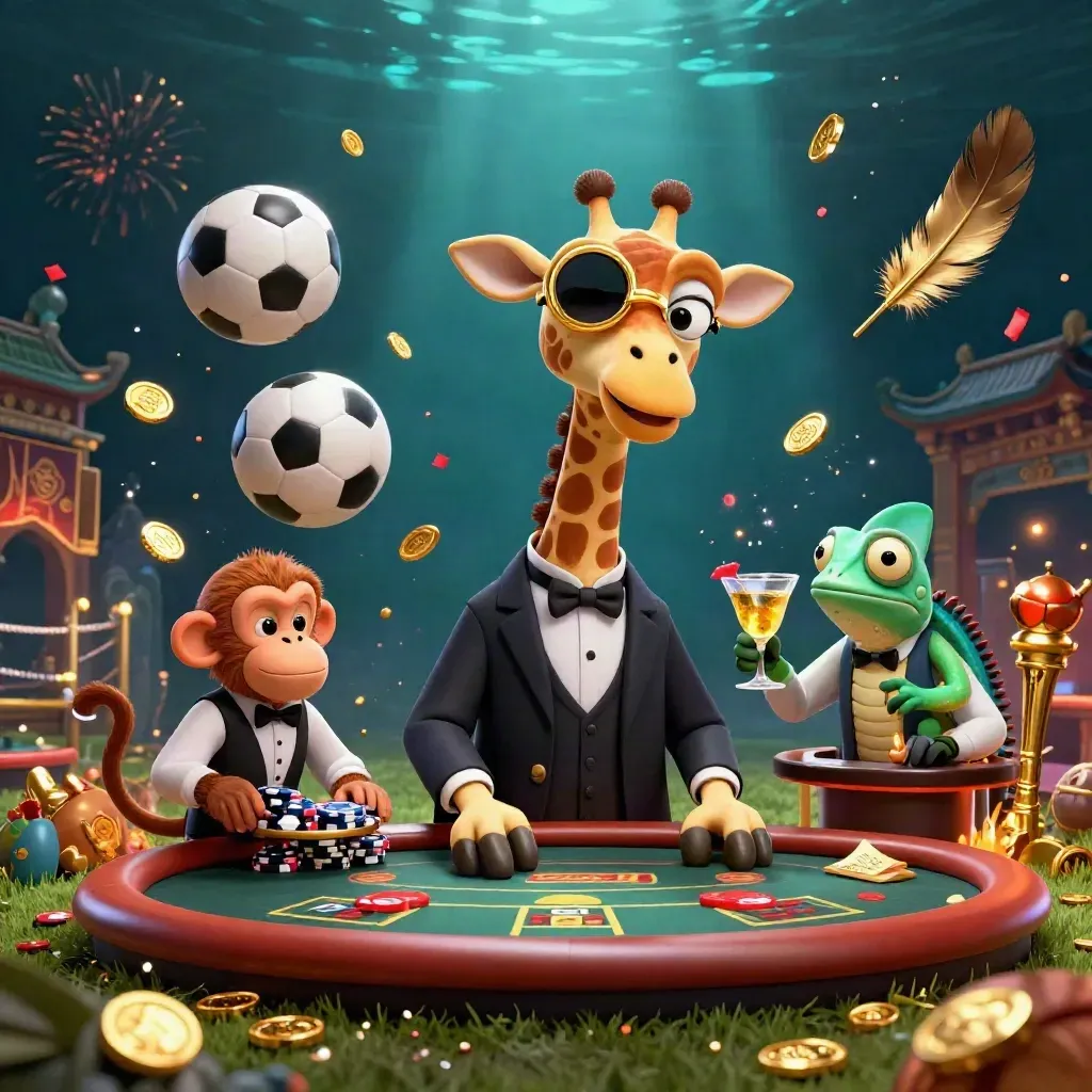 Mascot giraffe, monkey, and chameleon in a luxe casino scene with balls flying and lights blazing.