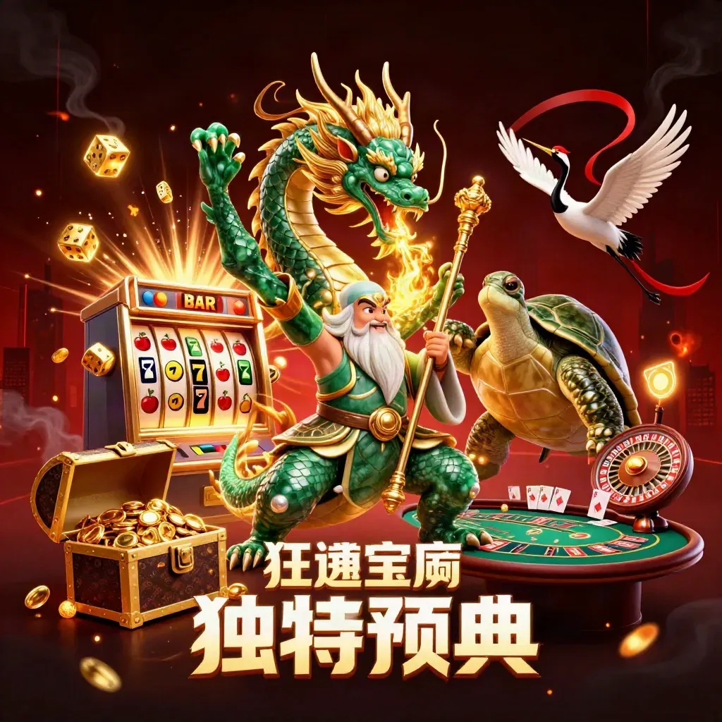 Emerald dragon, turtle sage and cranes amid golden fire, slot burst and casino treasures in a dark neon scene.