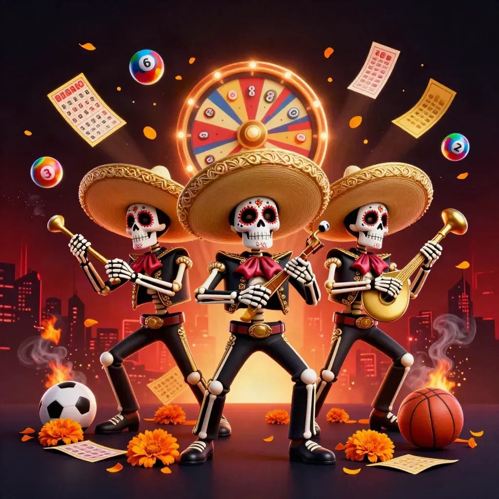 Day-of-the-Dead skeleton mariachi trio with casino balls, prize wheel, and dark red neon glow.