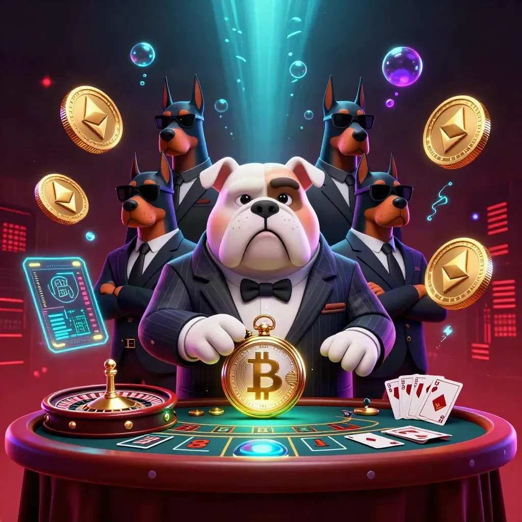 Bulldog mob boss with Dobermans amid casino lights, crypto coins, roulette, and glowing tables.