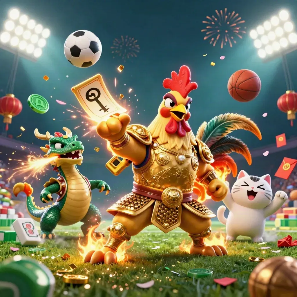 Rooster warrior, dragon hatchling and fortune-cat amid flying balls, coins, lanterns and sparks.