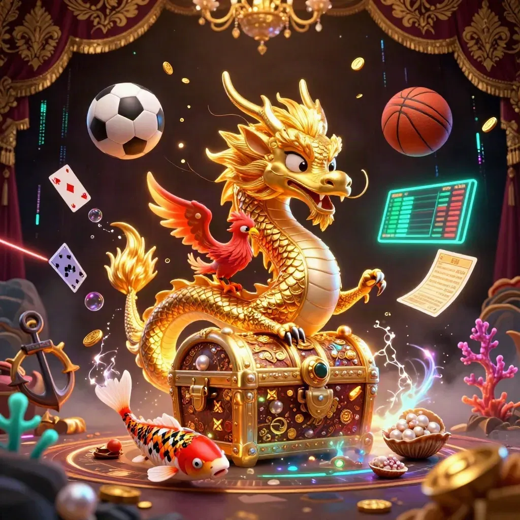 Golden dragon, phoenix and koi in a luxe treasure cove with sports balls and casino props.