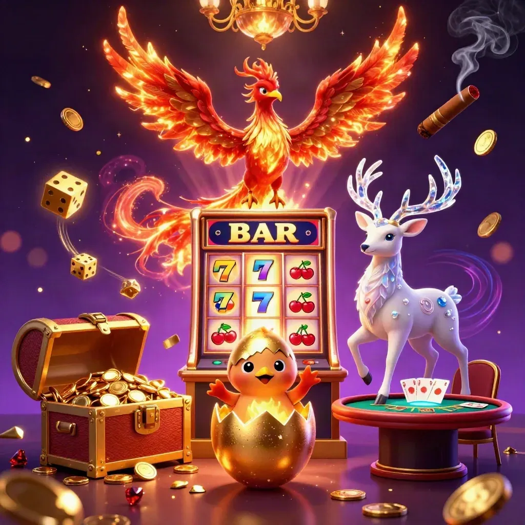 Phoenix, stag and slot machine explode in a luxe casino scene of gold, navy and emerald glow.