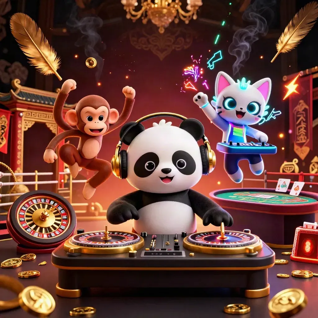 Neon casino scene with panda DJ, monkey, kitten, roulette, temple gate, and gold lights.
