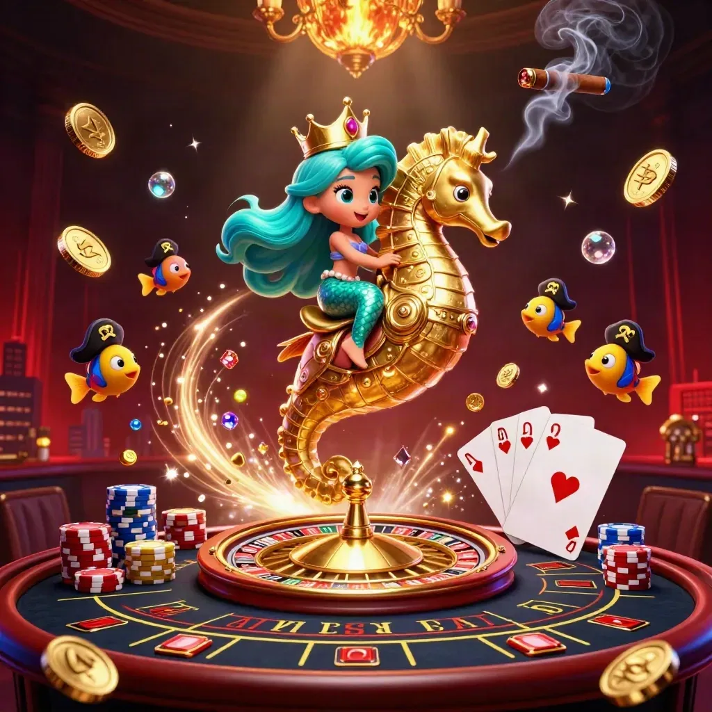 Mermaid princess riding a golden seahorse in a glowing luxe casino with coins, gems, cards and chips