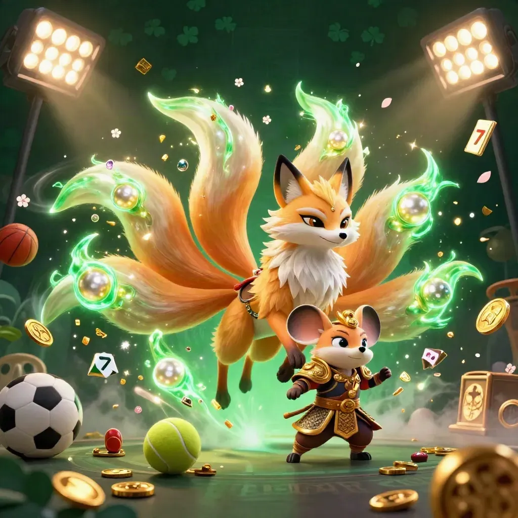 Nine-tailed fox spirit and samurai mouse amid sports balls, coins, gems, and emerald casino glow.