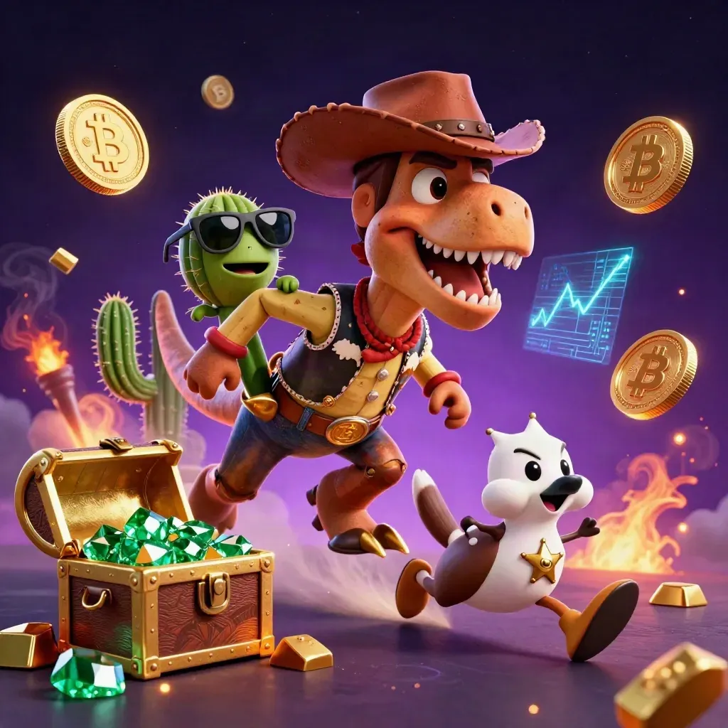 Cowboy T-Rex, cactus sidekick, and sheriff roadrunner burst through treasure and neon coins.