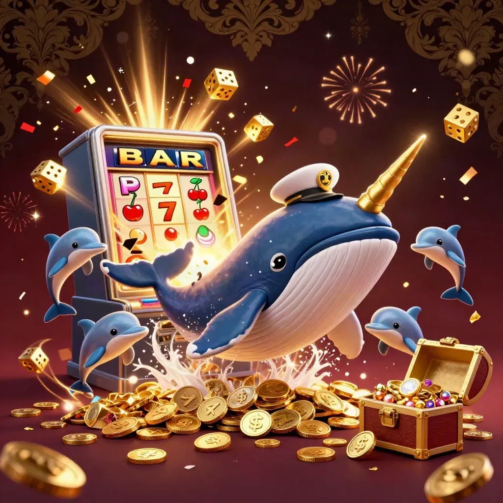 Whale captain, narwhal, and dolphins amid coins, jackpots, gold, and casino glow.