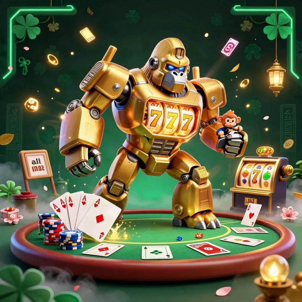 Golden gorilla mech and monkey pilot exploding with casino chips, cards, reels, and emerald glow.
